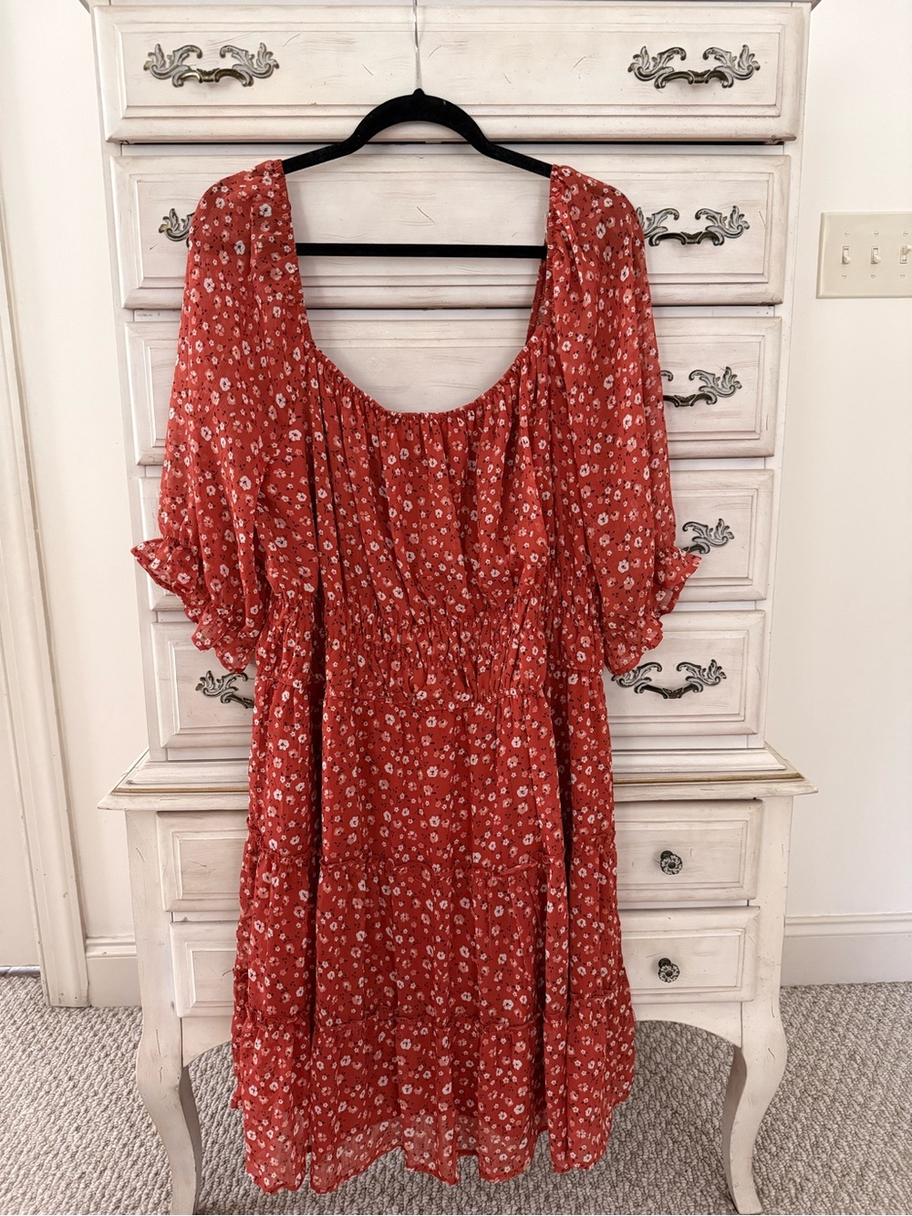 Rust Floral Smocked-Waist Midi Dress plus Size 2X